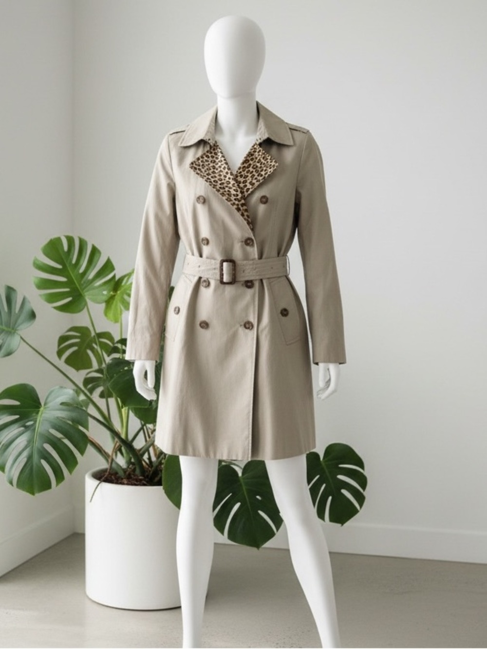 Banana Republic Trench Coat L Tan Animal Lining Belted Cotton Classic Normcore